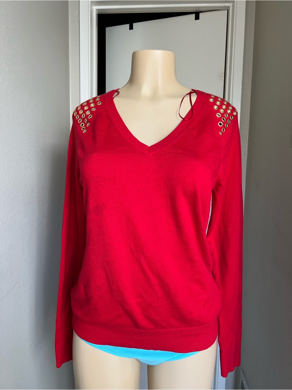 Michael Kors Red V-Neck Sweater with Gold Grommet Shoulders